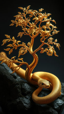 Golden snake entwined with a decorative tree on a dark surface showcasing intricate design and artistryの素材