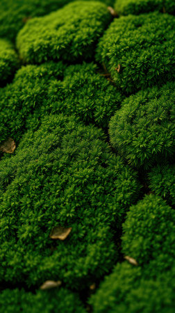 Lush green moss covering a forest floor in a serene natural environment during daytimeの素材