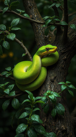 Bright green snake rests elegantly on a tree branch surrounded by lush foliage in a vibrant rainforest settingの素材