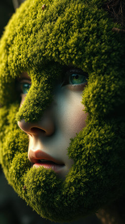 Unique artistic portrayal of a person with a moss-covered face representing nature and humanity intertwinedの素材