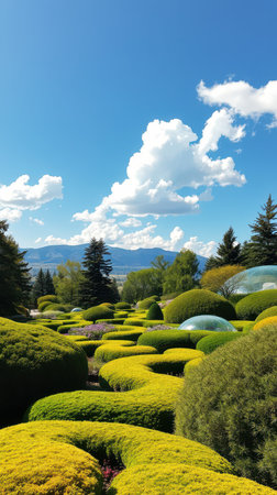 Lush green garden with rounded hedges under a bright blue sky and fluffy white cloudsの素材