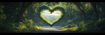 Heart-shaped sunlight filters through trees creating a romantic atmosphere in a lush forest pathwayの素材