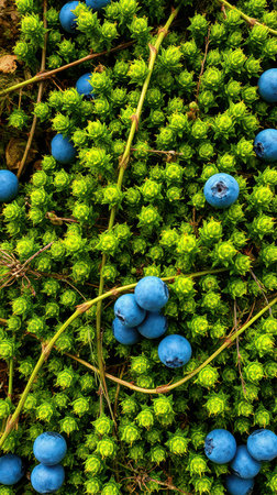Blueberries nestled among vibrant green foliage in a natural setting during the dayの素材