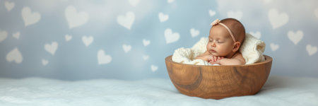 A sweet baby girl, wearing a delicate headband, rests peacefully in a rustic wooden bowlの写真素材