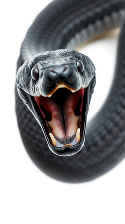 Captivating close-up of a black snake showcasing its menacing open mouth and sharp fangsの素材
