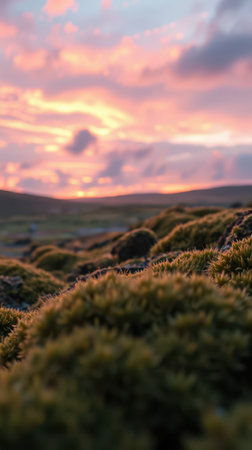 Beautiful sunset over mossy landscape in a serene rural setting at duskの素材