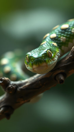 Bright green snake resting on a branch in lush green environment during daytimeの素材