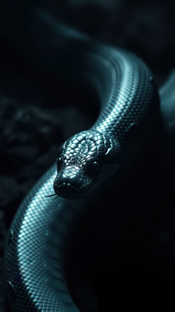 Serpent in dark surroundings showcasing intricate scale patterns and striking featuresの素材