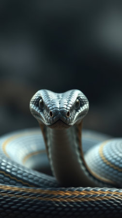 Two-headed snake sits coiled as it showcases its unique features in a dimly lit environmentの素材