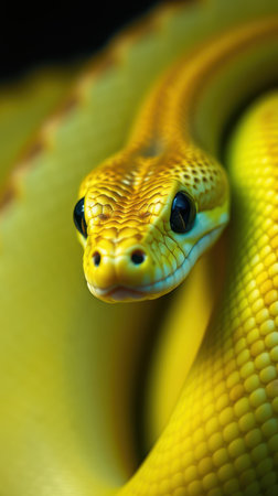 Bright yellow snake with intricate patterns resting calmly against a dark background in a close-up viewの素材