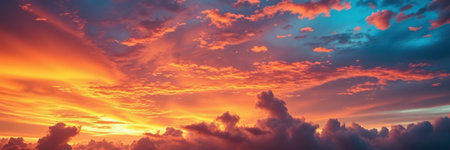 Fiery orange and deep blue colors dominate a panoramic view of a sunset