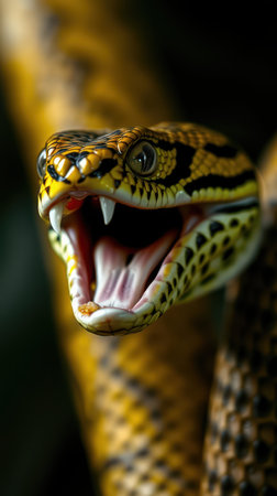 Fierce and vibrant snake displays its striking colors and open mouth in a close-up encounterの素材