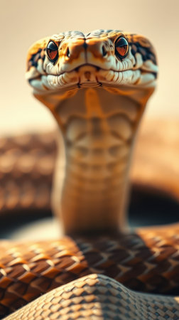 Close-up of a vibrant snake showcasing intricate patterns and striking eyes in a sunlit natural habitat settingの素材