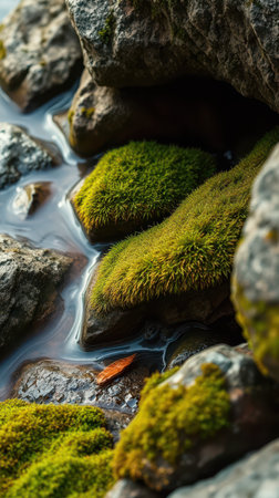 Lush green moss blankets rocks near a small stream during the dayの写真素材