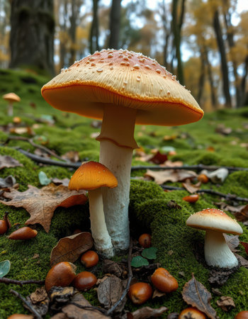 Large and small mushrooms grow amidst autumn leaves and moss in a forestの写真素材