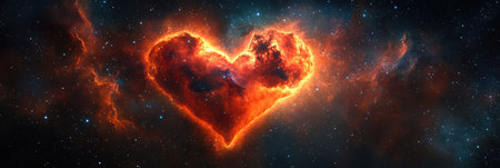 Cosmic heart shape illuminated by fiery clouds in a vibrant starry background during a peaceful nightの素材