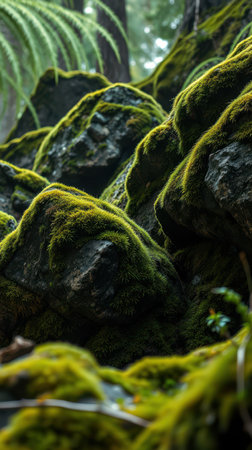 Lush green moss covers rocky terrain in a serene forest setting during early morning lightの素材