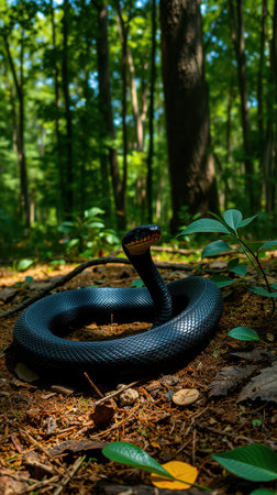 Black snake coiled on forest floor under dappled sunlight in springtime natureの素材