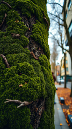 Lush green moss covering a tree trunk in an urban setting during late autumnの素材
