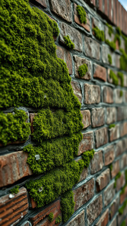View of moss-covered brick wall in urban environment showing natures resilience and texture during daylightの素材
