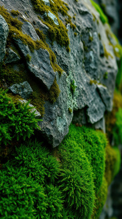 Moss-covered rocks in a lush, green environment highlighting natures textures and growth patternsの素材