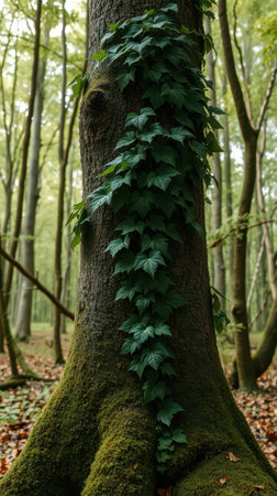 Lush green ivy climbing a tall tree in a serene forest during middayの素材