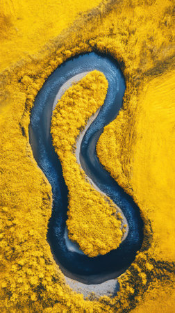 Winding river flows through vibrant autumn landscape showcasing bright yellow foliageの素材
