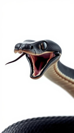 Black snake with open mouth displaying fangs and forked tongue in a minimalist settingの素材