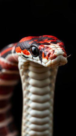 Unique close-up of a brightly colored snake showcasing vivid patterns and textures against a dark backgroundの素材