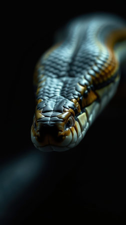 Majestic close-up of a snake displaying intricate scale patterns and vibrant colors in soft lightingの素材