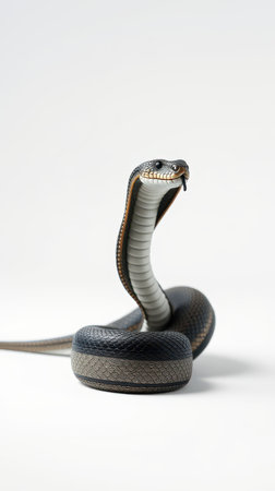 Black snake with raised head and forked tongue poised on a white backgroundの素材