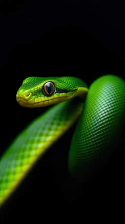 Green tree snake resting on a branch in a dark environment with vibrant colors and distinct texturesの素材