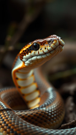 Close view of a vibrant snake coiled among branches in a natural habitat during daylight hoursの素材
