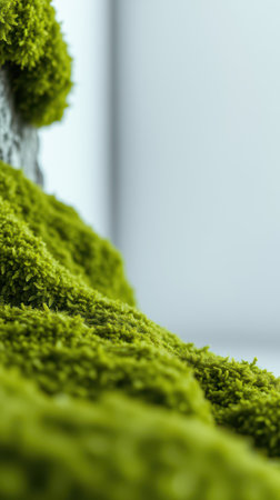 Lush green moss covers a textured surface in a bright and modern interior spaceの素材