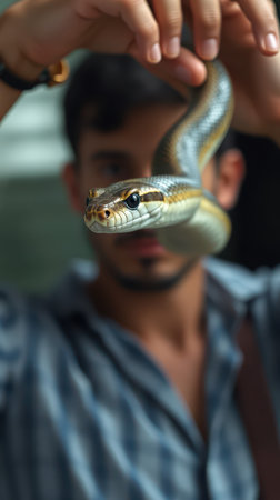 Man skillfully handles a colorful snake while showcasing his expertise in reptile handling in a vibrant environmentの素材