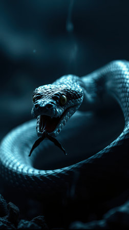 Captivating serpent coiled in a mysterious underwater environment at duskの素材