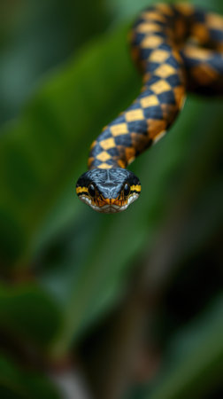 Colorful snake gliding through foliage in a tropical environment during daylight hoursの素材