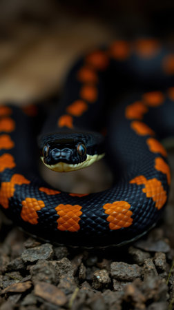 Colorful snake rests on forest floor showcasing vibrant orange and black scales in natural habitat during daylight hoursの素材