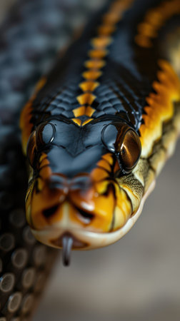 Close-up view of a strikingly patterned snake in a natural setting capturing intricate details of its scales and eyesの素材