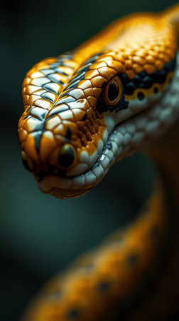 Close-up of a vibrant snake showcasing intricate patterns and textures in a natural settingの素材