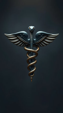 Medical symbol featuring a snake and wings on a dark background representing health and healing practices in a modern designの素材