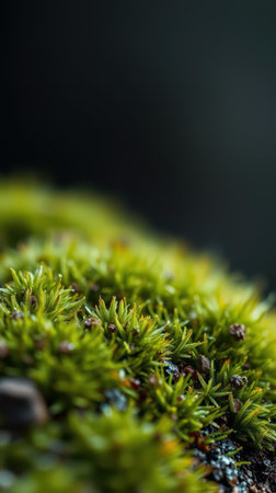 Lush green moss covering a rocky surface in a forest during the early morning lightの素材