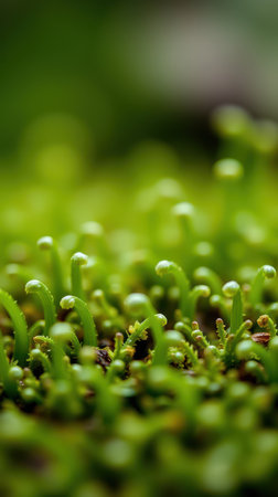 Lush green moss sprouts with delicate water droplets in a tranquil forest setting during the early morning lightの素材