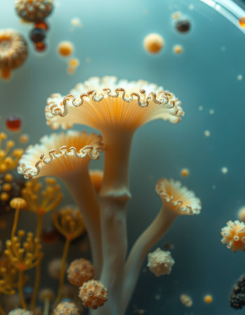 Beautiful underwater mushrooms and fungi in a petri dish showcasing intricate details and vibrant colorsの素材