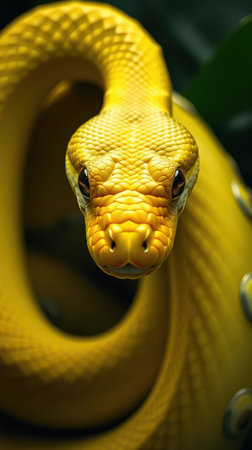 Bright yellow snake showcases intricate scales and captivating gaze in a lush, green environment during daylight hoursの素材