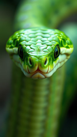 Vibrant green snake displaying intricate scales in a natural setting during daylight hoursの素材