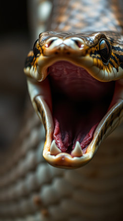 Close-up of a snake with an open mouth showcasing fangs and vibrant patterns in a natural habitatの素材