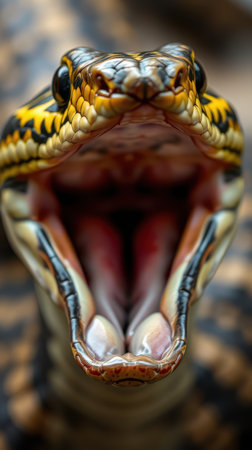 Captivating close-up of a snake showcasing its vibrant scales and open mouth in a natural habitatの素材