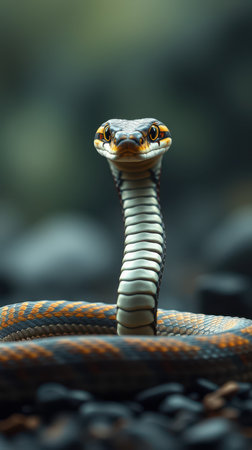 Close-up of a striking snake showcasing vibrant scales in a natural habitat during daylight hoursの素材