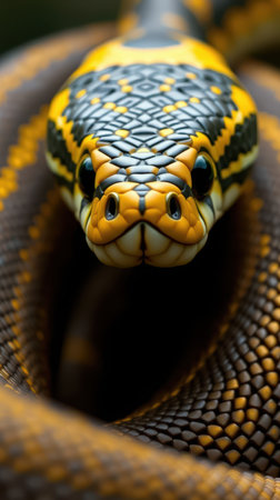 Brightly colored snake with intricate patterns coiled in a natural setting during daylight hoursの素材